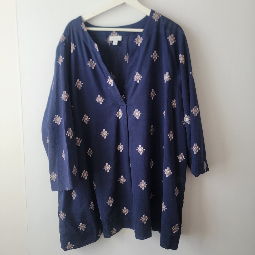 Pure jill women's split V-neck tunic top sz 3X geometric embroidered  3/4 sleeve